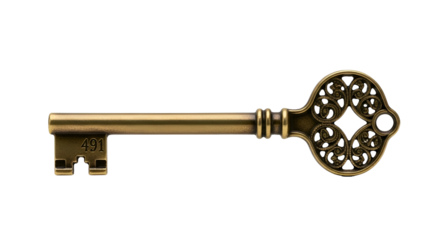 Ornate antique golden key, number 491, isolated on black