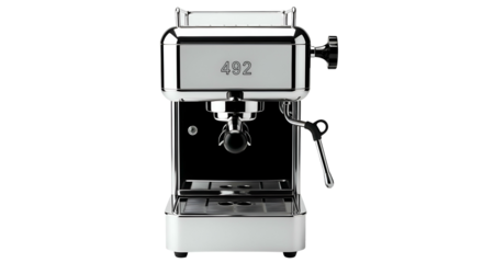 Gleaming chrome espresso machine against a dark backdrop