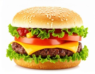 Vibrant and Juicy Classic Cheeseburger with Melted Cheese Fresh Lettuce and Tomato on a Sesame Seed Bun.