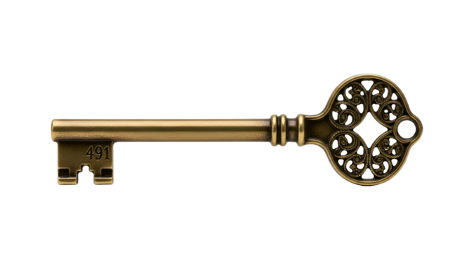 Ornate antique golden key, number 491, isolated on black
