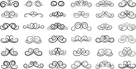 Decorative swirl and spiral vector silhouette set, Elegant Ornate Swirls & Flourishes Vector Set Vintage Filigree Decorations for Invitations and Certificates 