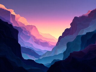 Silhouette of canyon cliffs styled layered abstract waves glowing pastel surreal horizon