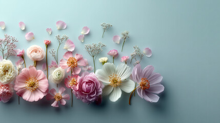 Obraz premium Assorted flower blooms and petals scatter gently, creating pastel and soft visual. delicate and minimalist composition, its elegant and natural beauty inspires peaceful and joyful feeling