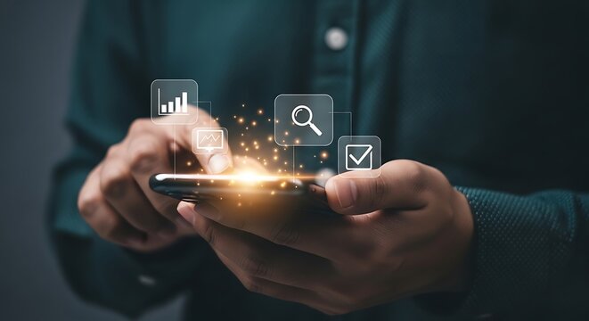 Person using smartphone with search and analytics icons
