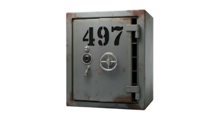 Gray, aged safe with combination lock and prominent '497' numbers
