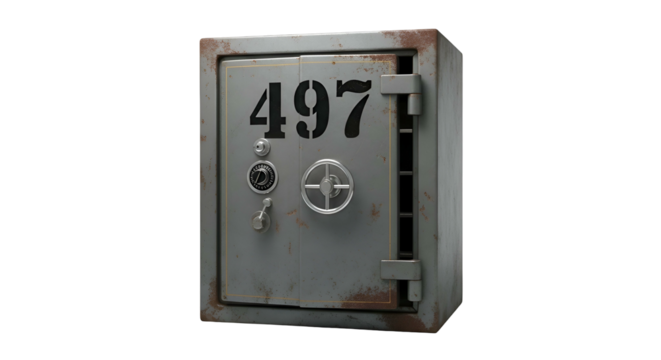 Gray, aged safe with combination lock and prominent '497' numbers
