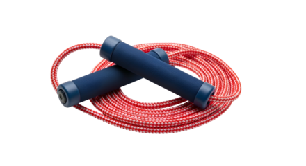 Red/white jump rope with blue handles, coiled
