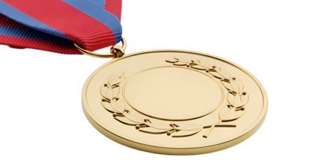 Golden medal with blue and red ribbon on a plain dark backdrop