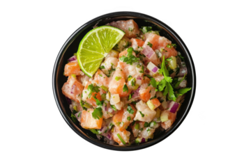 Delicious salmon ceviche with lime, cilantro, and red onion in a bowl, fresh seafood salad, appetizer, gourmet dish, culinary art isolated on transparent background