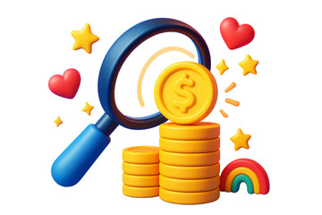 Magnifying glass and gold coins with hearts, stars, and rainbow in clean 3D style on white background. Business investment concept. Ai generative