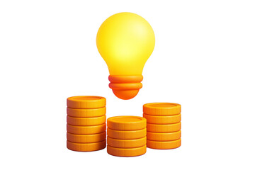 Glowing yellow bulb above orange coin stacks, minimal 3D style, isolated on white background. Concept of business investment and innovation. Ai generative