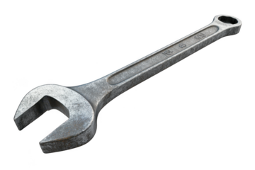 Wrench tool, silver metal spanner, mechanic equipment, repair hardware, maintenance fix, industrial tool isolated on transparent background