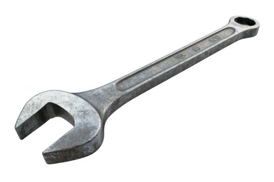 Wrench tool, silver metal spanner, mechanic equipment, repair hardware, maintenance fix, industrial tool isolated on transparent background