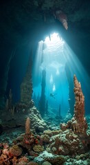 Underwater Cave Exploration - Sunlight Piercing Through the Depths.
