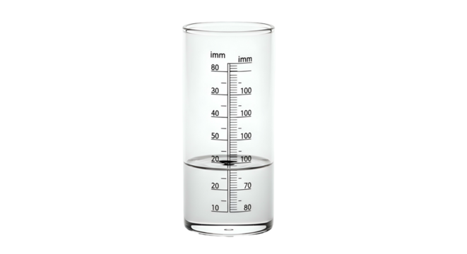 Clear measuring cylinder with scale and water inside