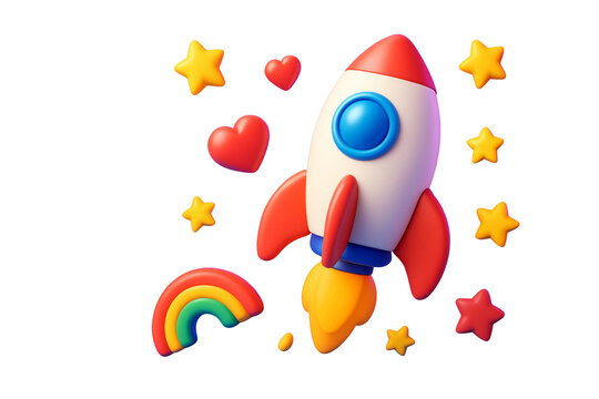 Cartoon rocket with red fins, colorful stars, hearts, and rainbow in playful 3D style on a white background. Concept of creativity and fun. Ai generative