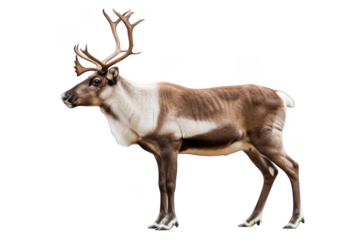 Majestic reindeer with antlers standing tall, wildlife animal photography, mammal illustration, northern fauna, isolated on transparent background