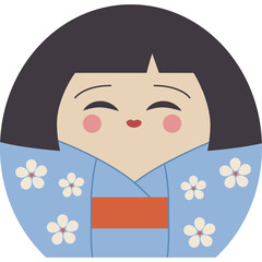 Cute Japanese Kokeshi Doll Wearing a Blue Floral Kimono with a Happy Expression and Dark Hair Centered in a Circle on a Transparent Background