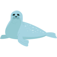 Cute light blue seal with white spots lying down on a transparent background facing forward with a calm expression and dark eyes and nose a simple illustration.