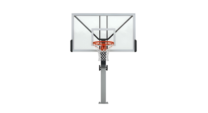 Basketball hoop on a grey pole against a dark background