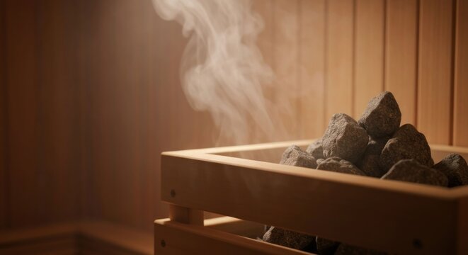 Steam rising from stones in a wooden sauna