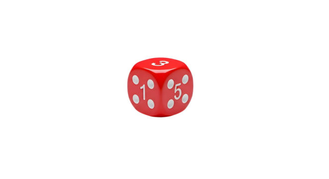 Single red die shows 1, 5, & 3 against a pure black background