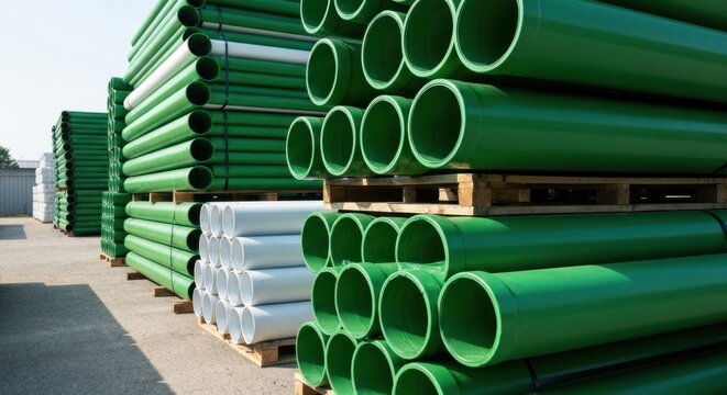 Stacks of green and white plastic pipes on wooden pallets (1) - Powered by Adobe