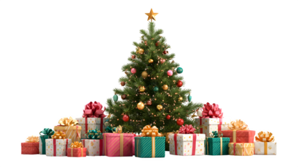 Festive Christmas tree with golden star topper and colorful presents at the base isolated on white background