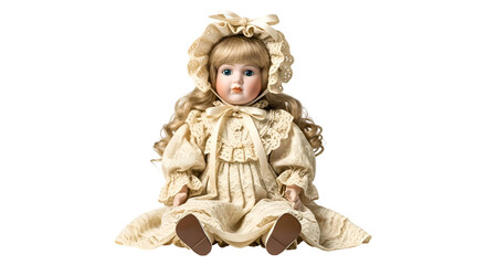 Porcelain doll in frilly dress and bonnet sits, looking ahead