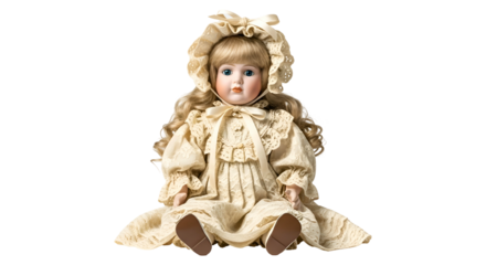 Porcelain doll in frilly dress and bonnet sits, looking ahead