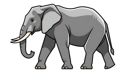 Grey elephant side profile, walking, with tusks