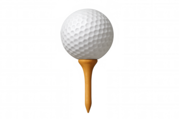 Golf ball sitting on a brown wooden tee, ready for play, representing sport and leisure activity
