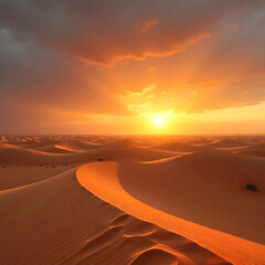 "Golden Desert Sunset Over Sand Dunes – Majestic Desert Landscape Photography"