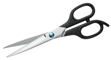 Open scissors with silver blades and black textured handles