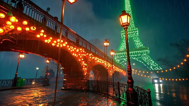 Romantic scene with Eiffel Tower glowing green bridge adorned with warm lights during rainy night in Paris for love travel magical cityscape atmosphere concept