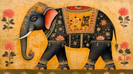 Indian Elephant Painting, Decorative, Ornate, Detail, Floral Background, Art