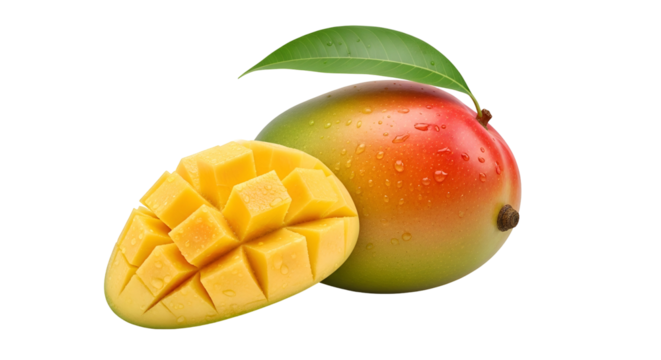 Cut mango next to whole mango, droplets, single green leaf