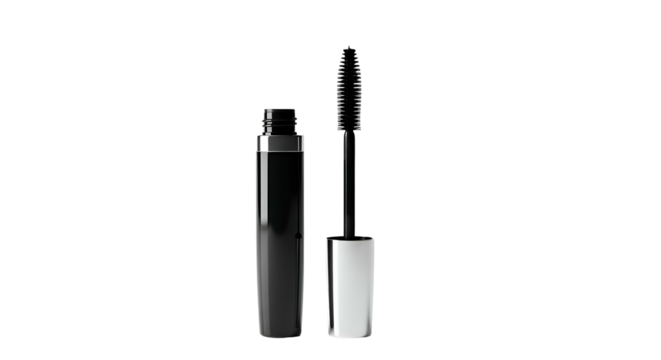Mascara wand and tube in sleek black, against a solid background