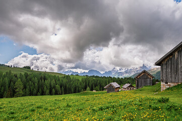 mountain nature sceneries along the trail that start from Passo San Pellegrino to Rifugio Fuciade,...