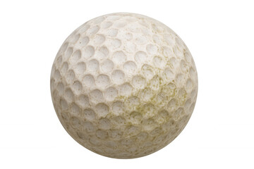 Used golf ball lying with dirt and grime, showing wear and tear from playing, transparent background
