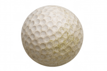 Used golf ball lying with dirt and grime, showing wear and tear from playing, transparent background