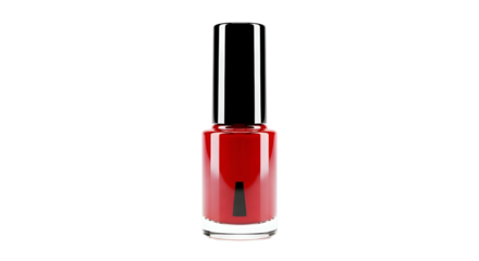 Glossy red nail polish bottle with black lid on black background