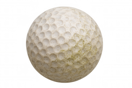 Used golf ball lying with dirt and grime, showing wear and tear from playing, transparent background