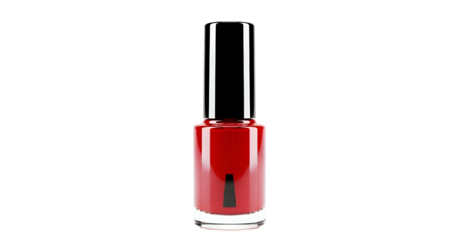 Glossy red nail polish bottle with black lid on black background