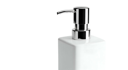 Obraz premium White square bottle w/ chrome pump against stark black backdrop