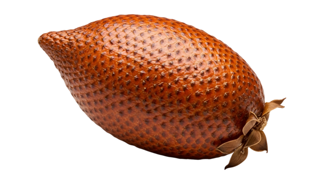 Brown, scaled snake fruit with stem against a black background