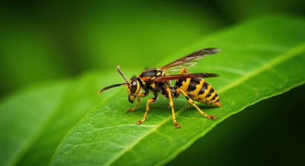 Naklejka premium Wasp on green leaf