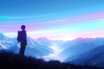 Fototapeta premium Majestic landscape featuring lone figure against vibrant mountain scenery at dawn
