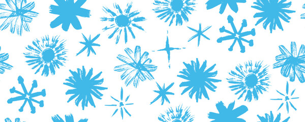 Fototapeta premium Stylish blue color seamless pattern with handdrawn graffiti flowers, asterisks, and crystal Xmas shapes. Grunge wax crayon, chalk, and charcoal squiggles, perfect template for music design. Vector