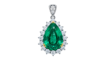 Teardrop green gemstone pendant with diamond halo on black